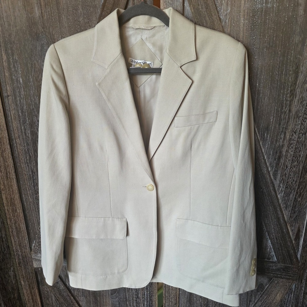 Winter Silks Jacket Women's Size Medium Ivory Blazer Silk Cotton Blend Pockets